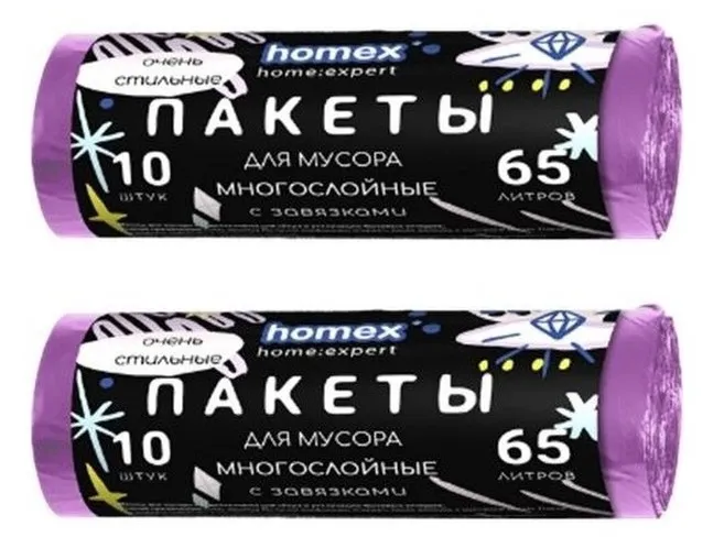 

Пакеты для мусора Homex 60 литров с завязками 15 шт 2 уп, Разноцветный