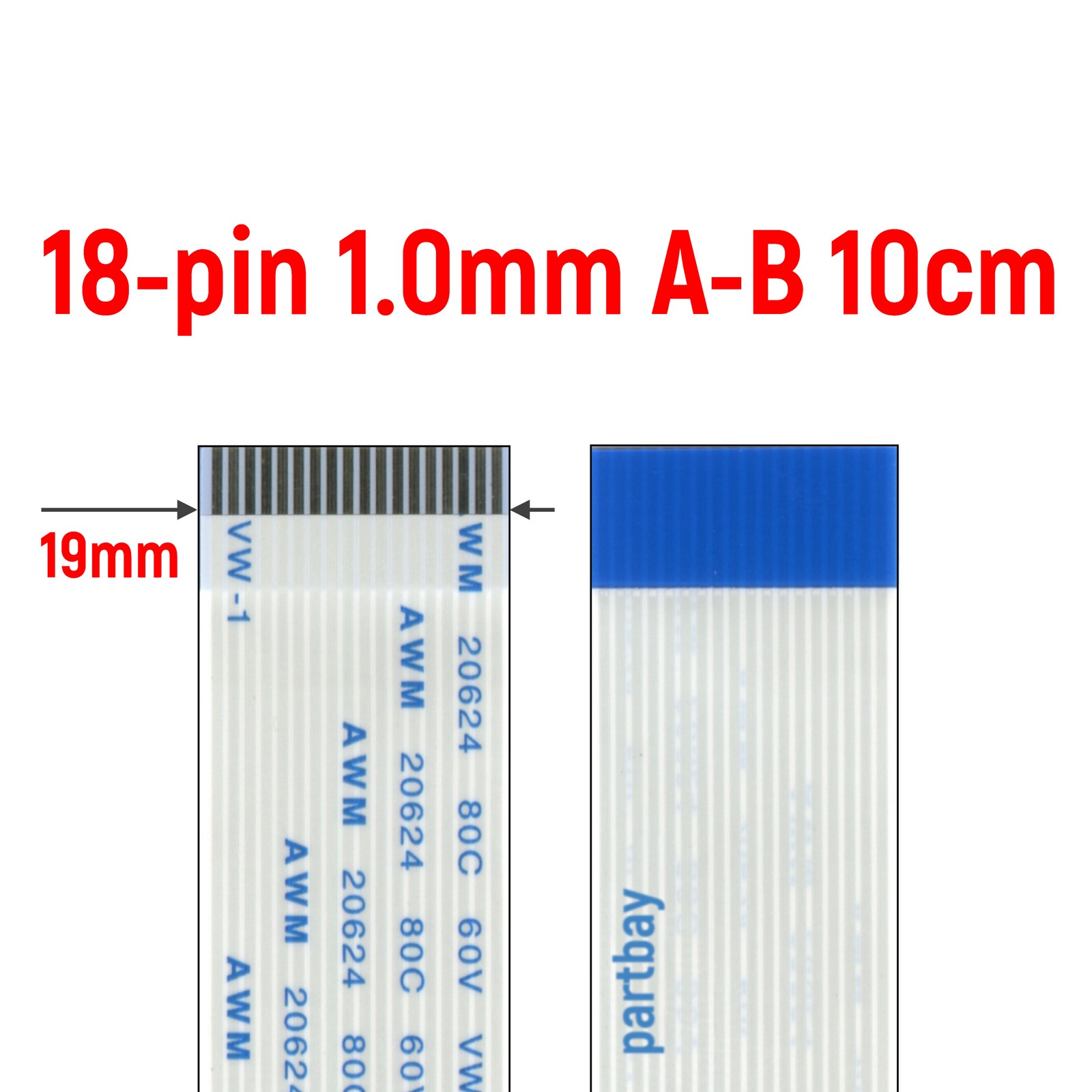 

Шлейф FFC 18-pin Шаг 1.0mm Длина 10cm Обратный A-B AWM 20624 80C 60V VW-1