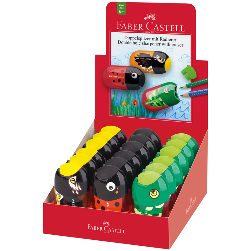 

Точилка пластиковая с ластиком Faber-Castell Animals 2 отверстия контейнер ассорти (18шт), Разноцветный