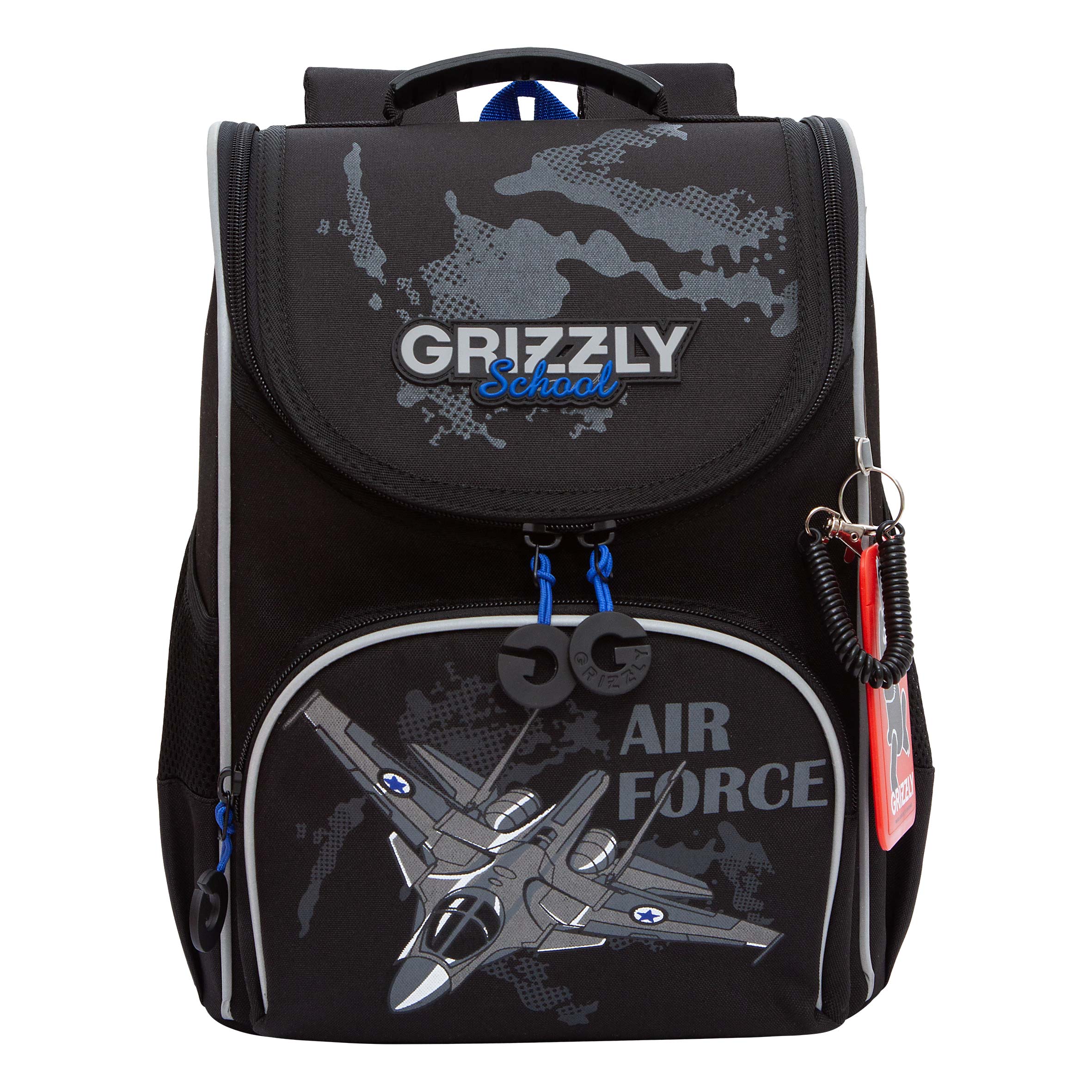 Ранец школьный Grizzly суперлегкий, на ножках, с мешком для обуви, черный, синий