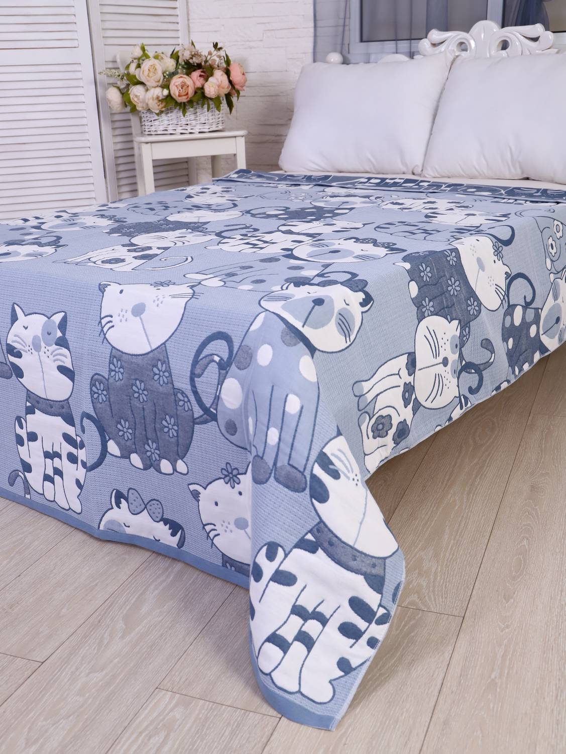 Покрывало 200x230 см Атмосфера благополучия Мурлыки, голубой