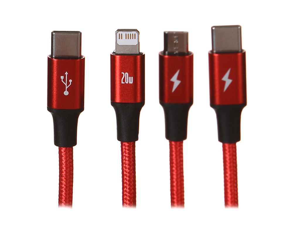 фото Аксессуар baseus rapid series type-c - type-c/lightning/microusb pd 20w 1.5m red