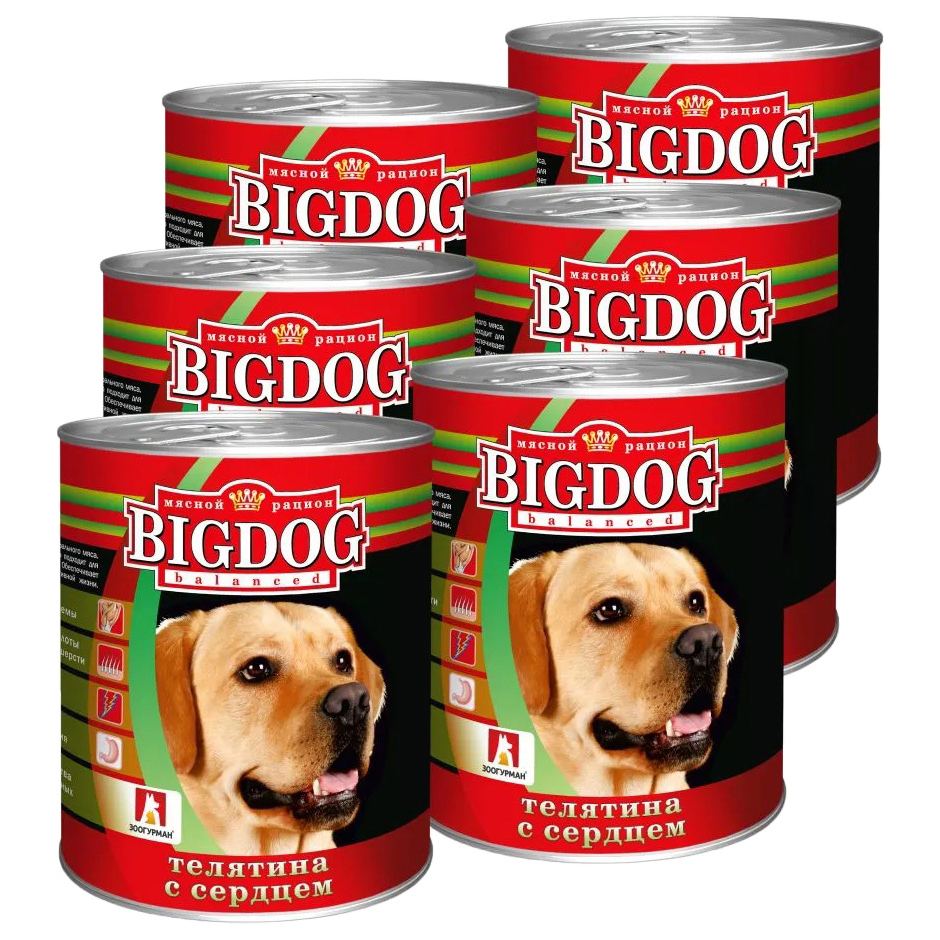 

Консервы для собак BIG DOG Телятина с сердцем, 6 шт по 850 г