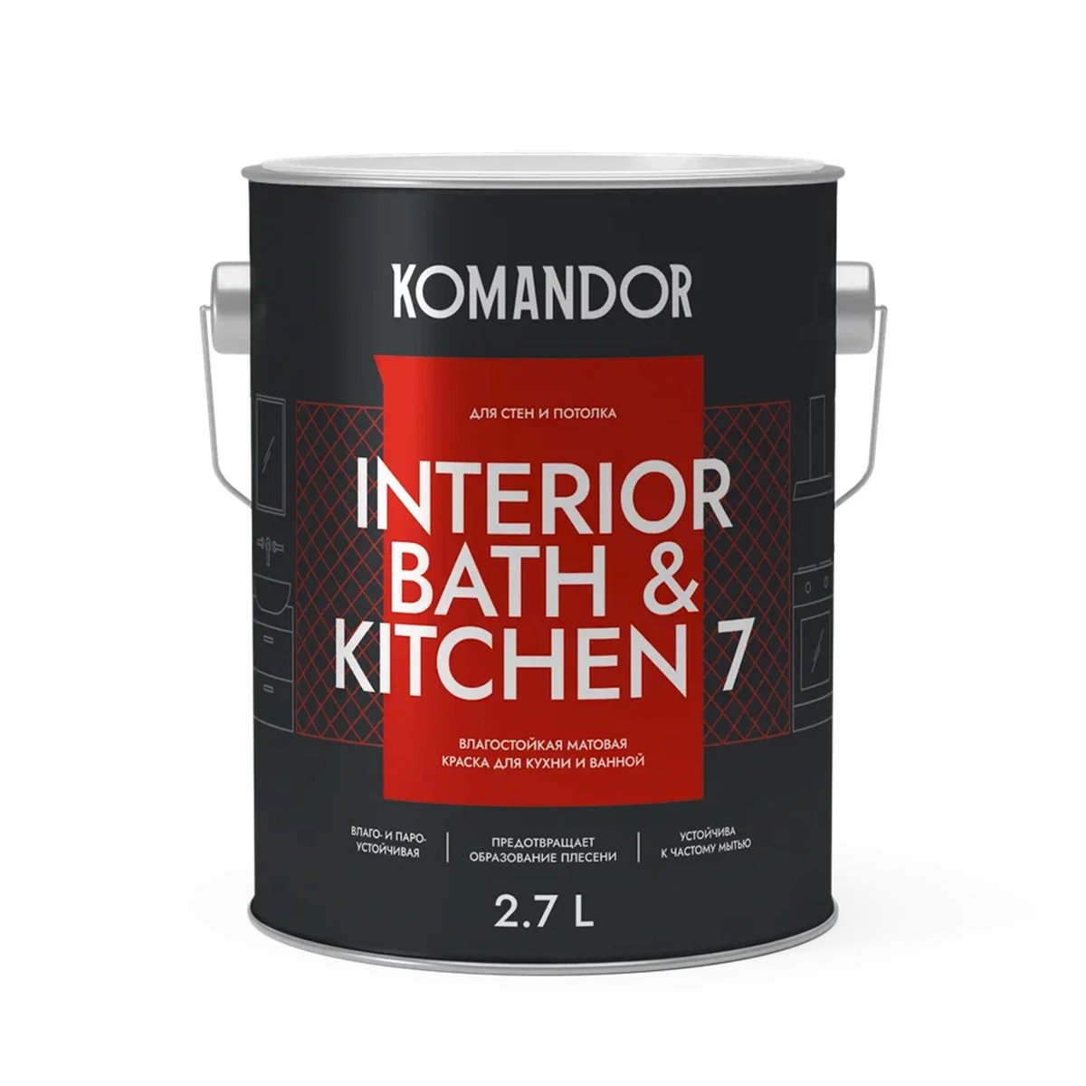 Краска интерьерная влагостойкая Komandor Interior Bath&Kitchen 7 мат. база А бел. 2,7л