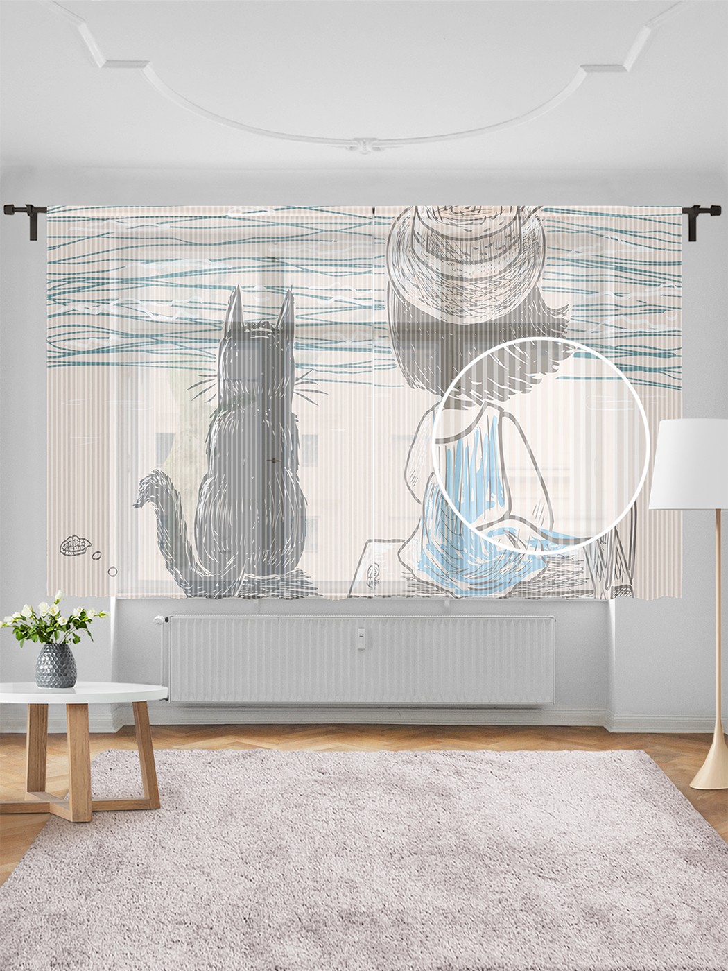 фото Тюль joyarty "девочка с котом на берегу реки", 155х180 см