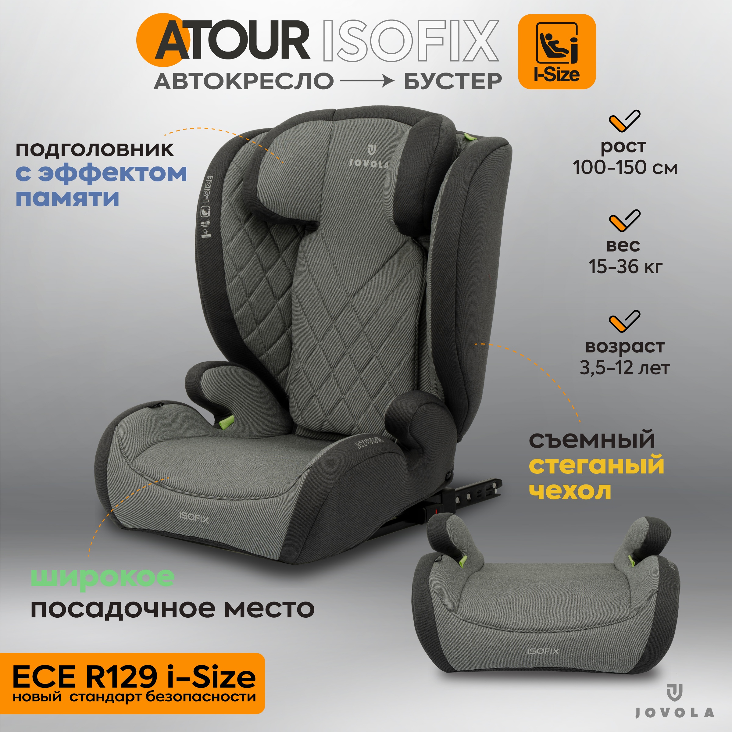 Автокресло бустер детское 15-36 кг Jovola Atour I-Size Isofix темно-серый