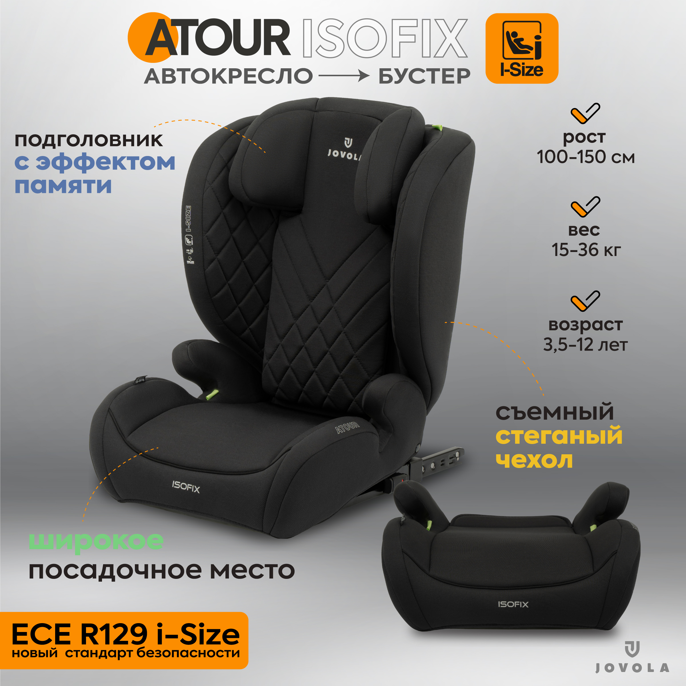 Автокресло бустер детское 15-36 кг Jovola Atour I-Size Isofix черный