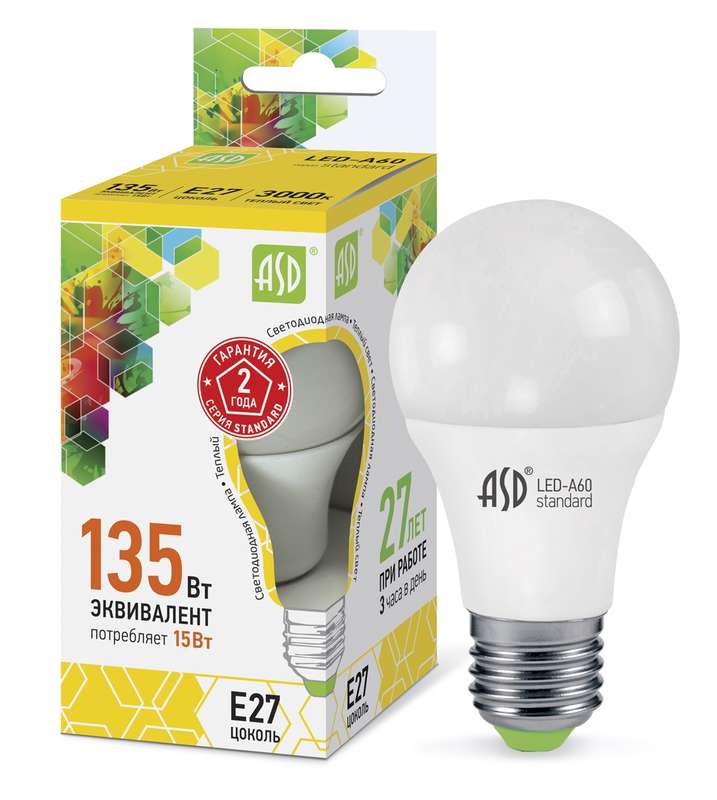 

Лампа светодиодная LED-A60-standard 15Вт грушевидная 3000К тепл. бел. E27 1350лм 160-260В