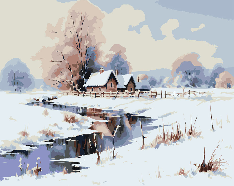Картина по номерам Цветное Зима Пейзаж с ручьем и деревенскими домами