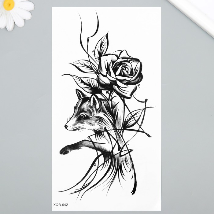 Татуировка на тело черная Лиса и роза 11,5х21 см
