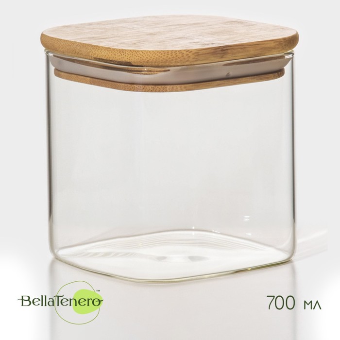 Банка стеклянная для сыпучих продуктов с бамбуковой крышкой BellaTenero «Эко. Квадратная»,