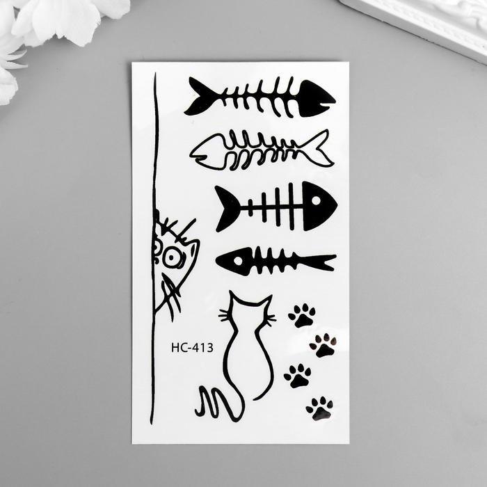Татуировка на тело черная Кошка и рыбьи скелеты 10,5х6 см, 10 шт татуировка на тело черная ажурные подвязки 24х10 5 см