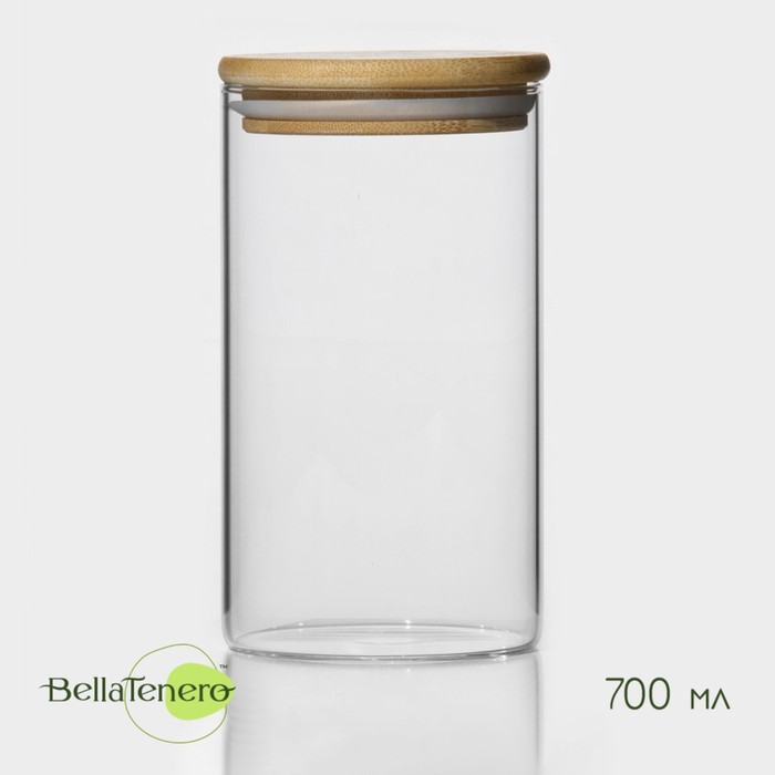 Банка стеклянная для сыпучих продуктов с бамбуковой крышкой BellaTenero «Эко», 700 мл, 8,5