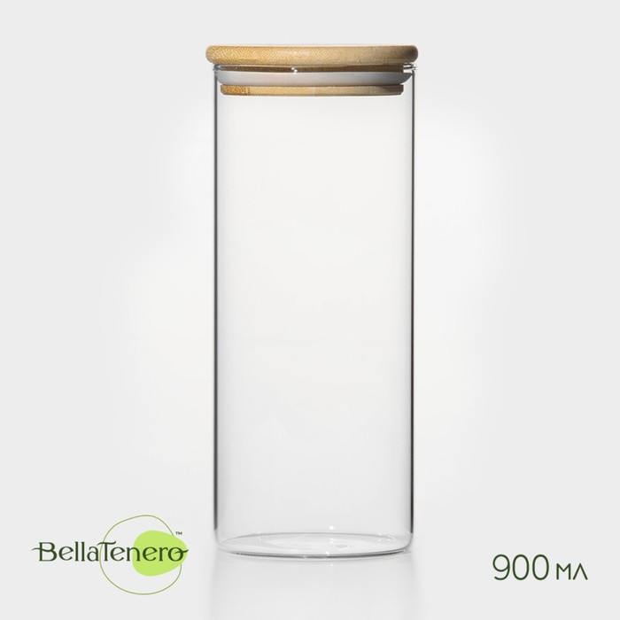 Банка стеклянная для сыпучих продуктов с бамбуковой крышкой BellaTenero «Эко», 900 мл, 8,5
