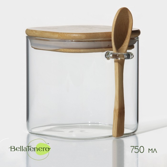 Банка стеклянная для сыпучих продуктов с бамбуковой крышкой и ложкой BellaTenero «Эко» 750