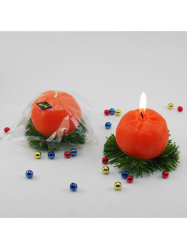 Новогодняя свеча Новогодний мандарин диам. 60 мм., выс. 60 мм. Цв: Оранжевый-Зеленый