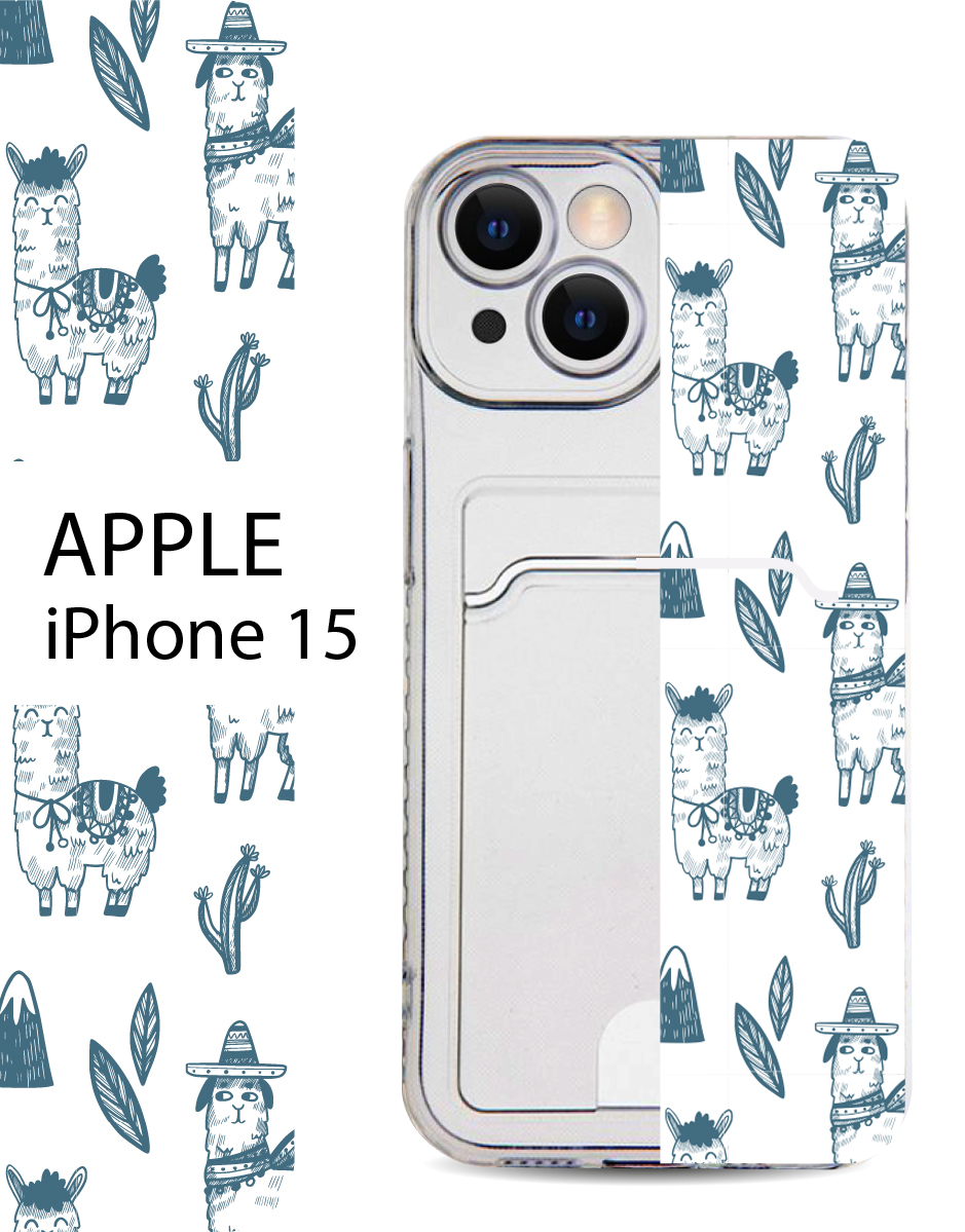 

Чехол на Apple iPhone 15 с карманом для банковской карты и принтом, Белый;голубой, Apple iPhone 15