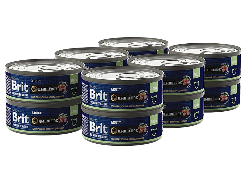 Консервы для кошек Brit Premium by Nature с мясом цыпленка, 12 шт по 100 г