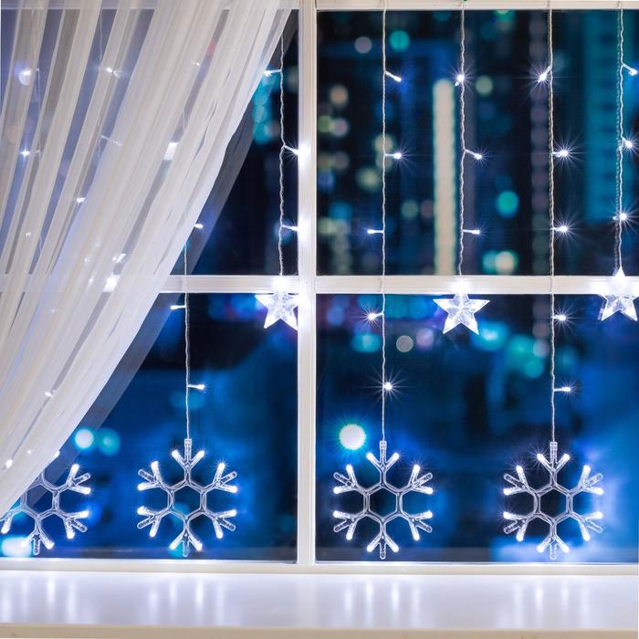 Гирлянда Бахрома 2.4 x 0.9 м с насадками Снежинки, IP20, прозрачная нить, 150 LED, свечени
