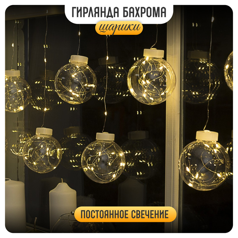 

Гирлянда Бахрома 2.5 x 0.7 м роса с насадками Шарики, IP20, серебристая нить, 150 LED, све