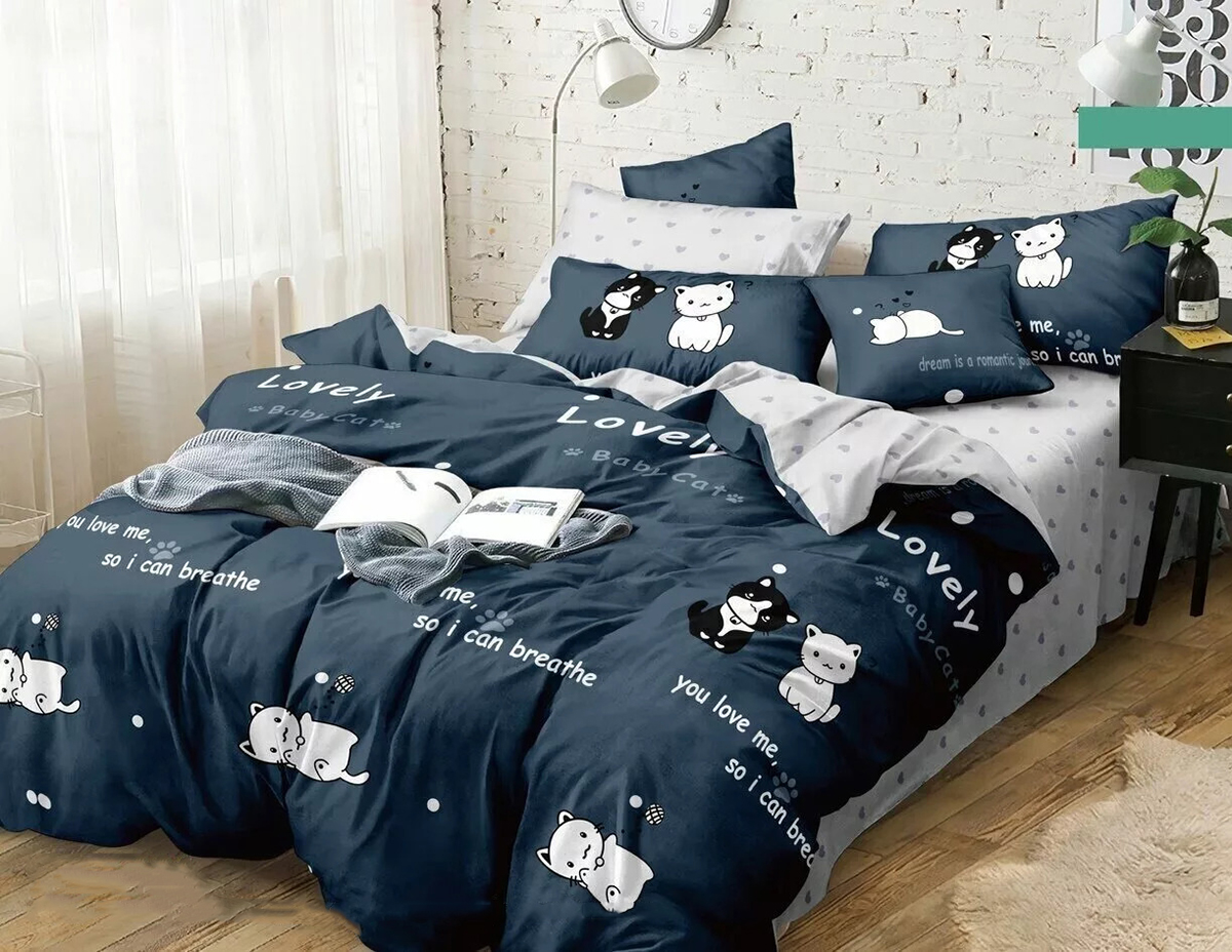 фото Постельное белье mercury home «котейки» 2 спальная с европростыней поплин