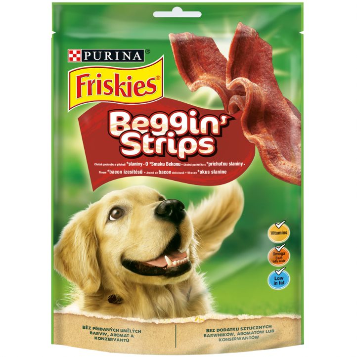 фото Лакомство для собак friskies beggin’ strips, для взрослых, чипсы с ароматом бекона, 120г