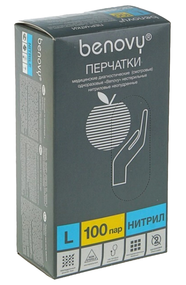 

Мед.смотров. перчатки нитрил., нестер., н/о, голубой Benovy (L) 100пар