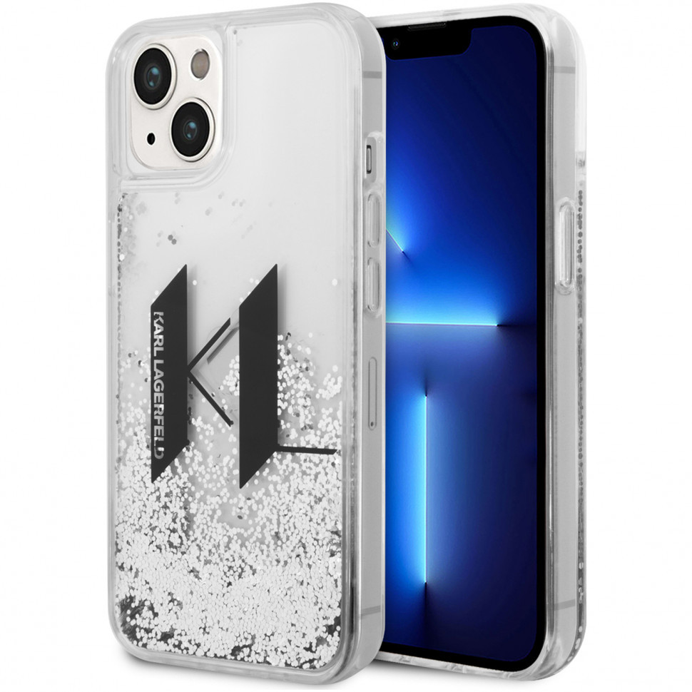 Чехол cg mobile karl lagerfeld liquid glitter big kl logo для iphone 14, серебристый