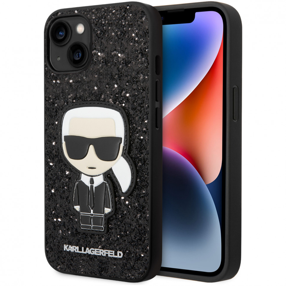 Чехол lagerfeld pc/tpu glitter flakes ikonik patch w metal logo для iphone 14, black