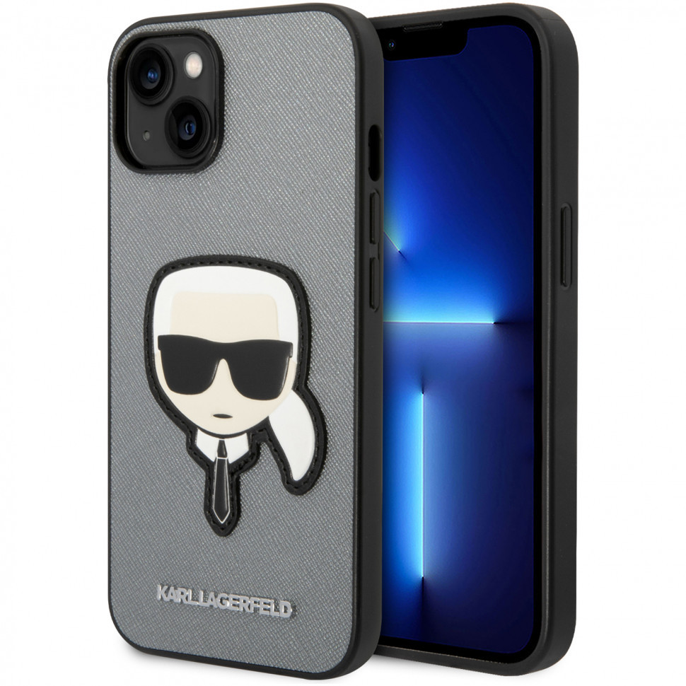 Чехол karl lagerfeld pu saffiano karl head patch для iphone 14, silver