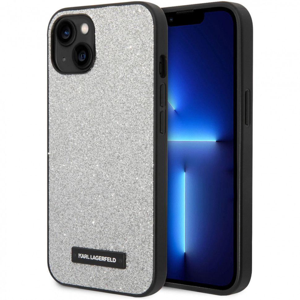 

Чехол cg mobile karl lagerfeld solid glitter plaque logo для iphone 14, серебристый, Solid glitter Plaque logo Hard