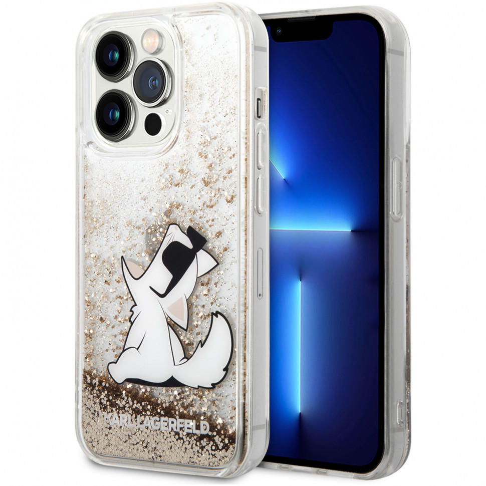 Чехол Karl Lagerfeld liquid glitter choupette fun для iphone 14 pro, золотой