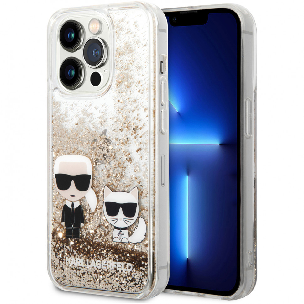 Чехол Karl Lagerfeld liquid glitter karl choupette для iphone 14 pro, золотой