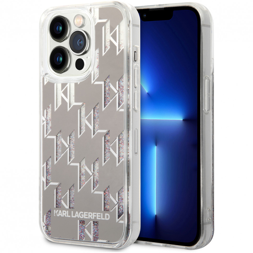 фото Чехол cg mobile karl lagerfeld liquid glitter monogram для iphone 14 pro max, серебристый