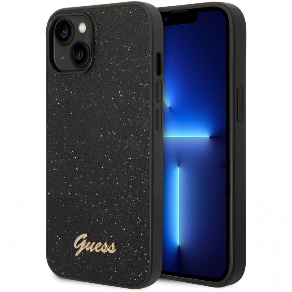 Чехол Guess pc/tpu glitter flakes w metal logo hard для iphone 14, черный