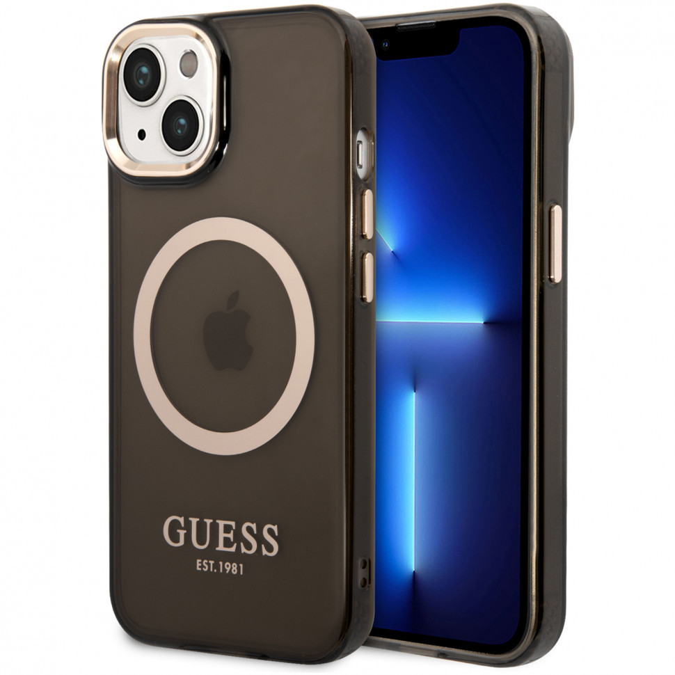 фото Чехол guess pc/tpu metal outline translucent hard magsafe для iphone 14, черный/золотой cg mobile