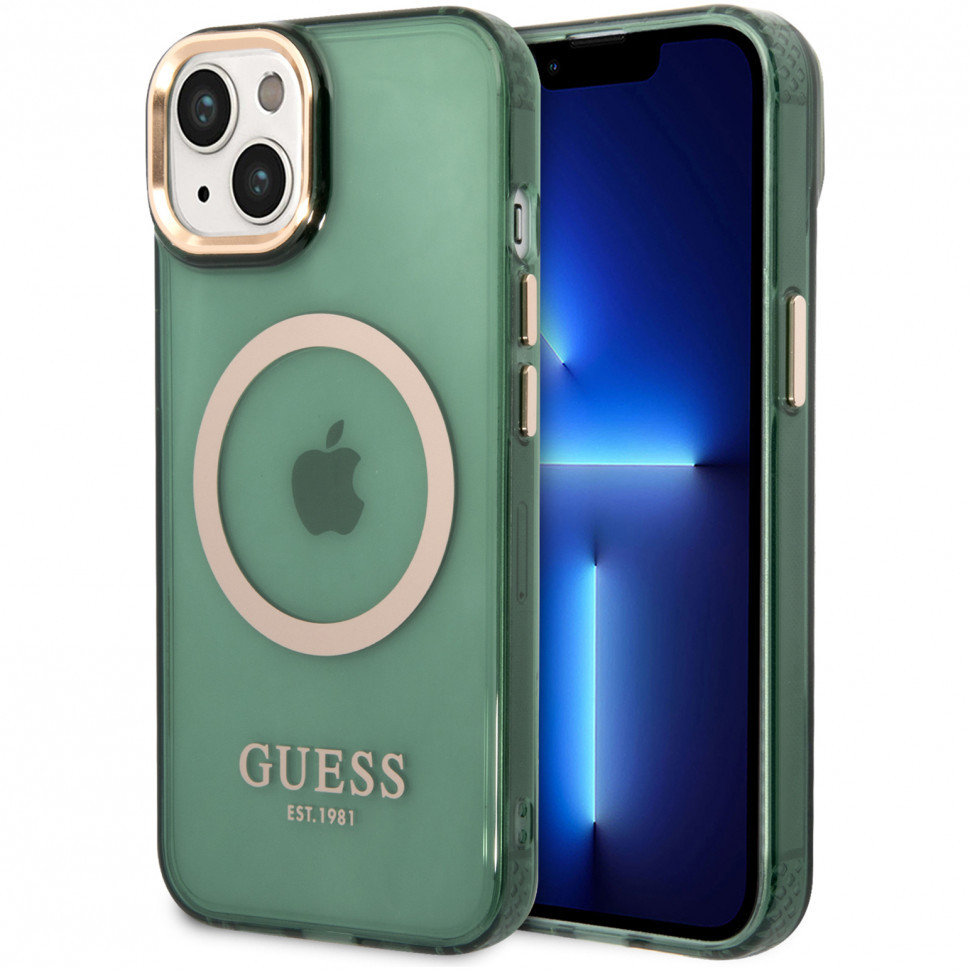 Чехол guess pc/tpu metal outline translucent hard magsafe для iphone 14, зеленый/золотой