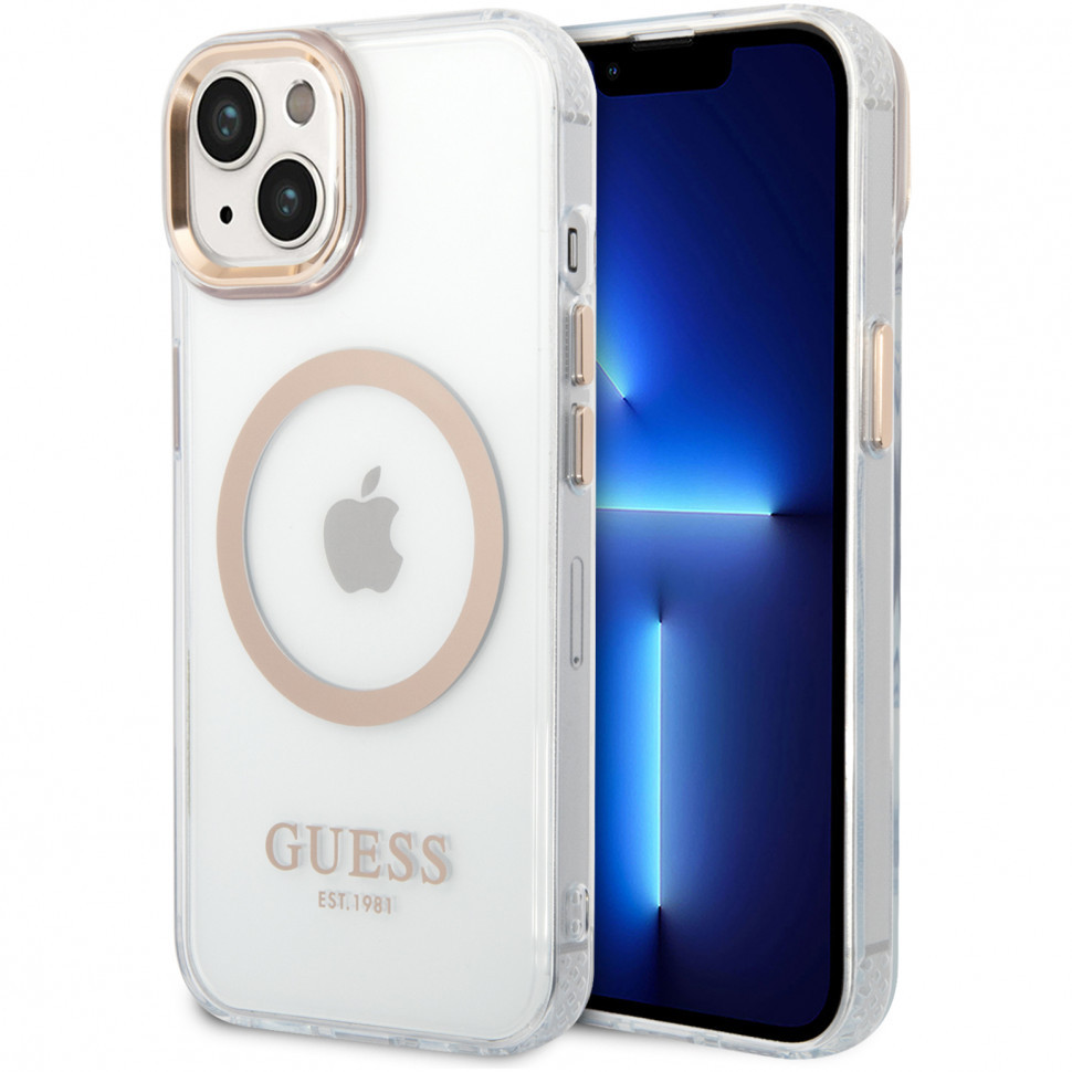Чехол guess pc/tpu metal outline hard (magsafe) для iphone 14, прозрачный/золотой
