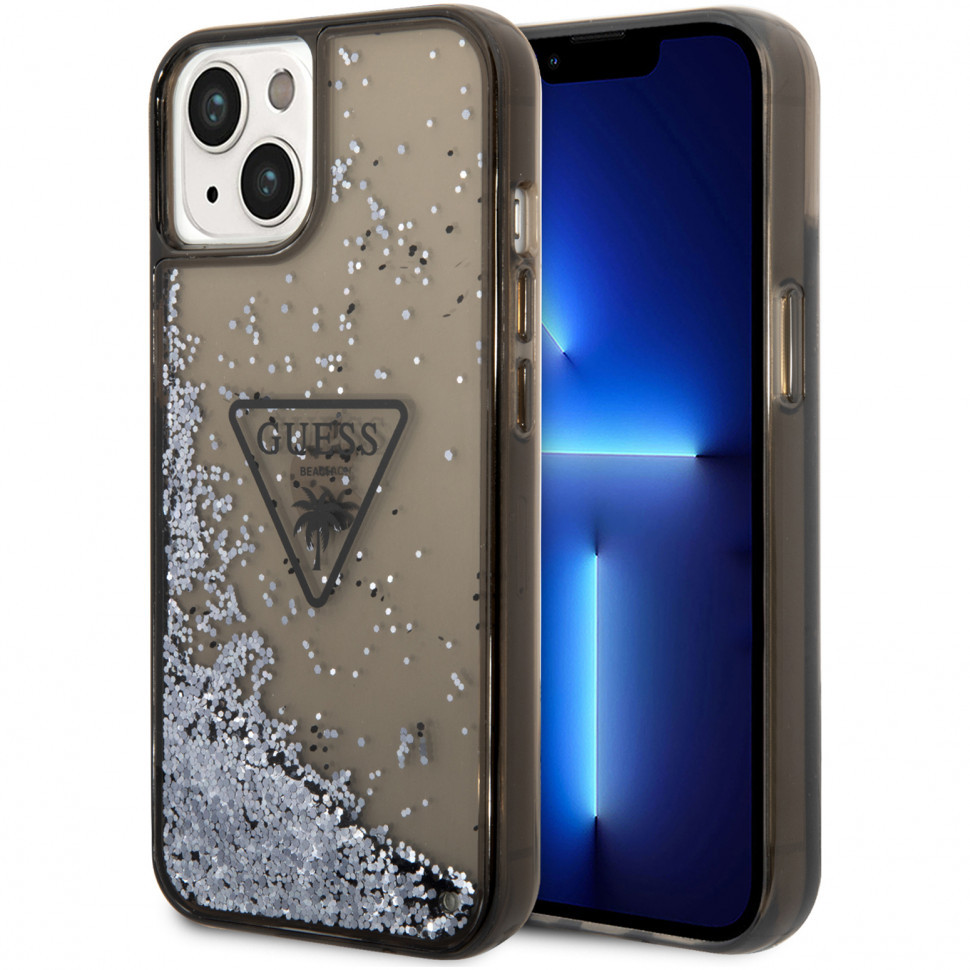 Чехол Guess liquid glitter triangle logo translucent для iphone 14 plus, черный