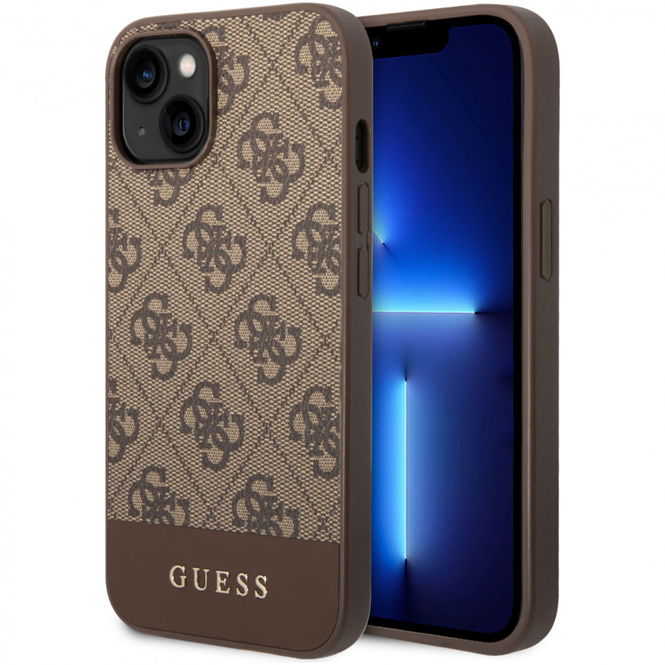 фото Чехол cg mobile guess pc/tpu 4g stripe w metal logo hard для iphone 14 plus, коричневый