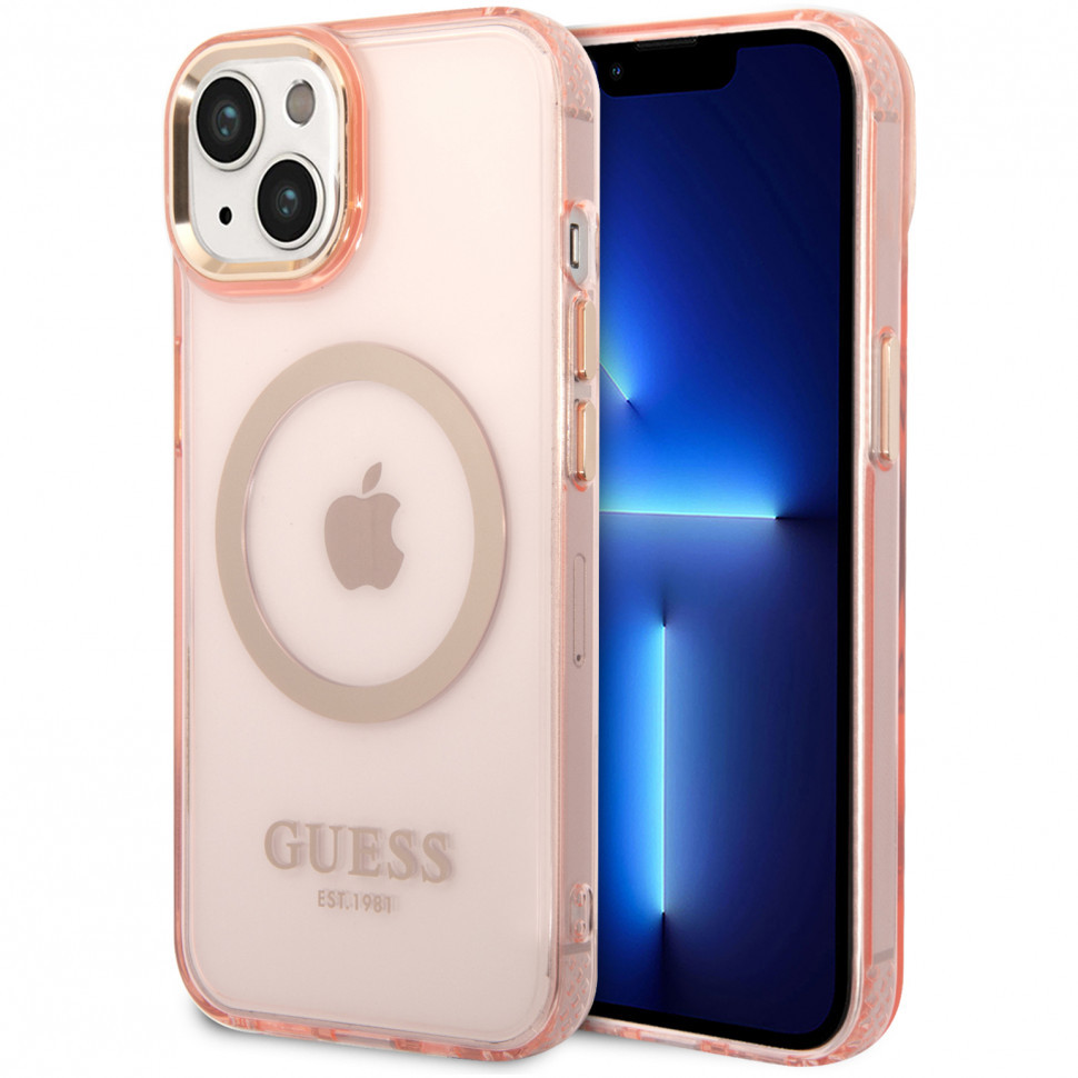 

Чехол guess pc/tpu metal outline hard translucent magsafe для iphone 14+, розовый/золотой, Золотистый;розовый, PC/TPU Metal outline Hard (Magsafe)