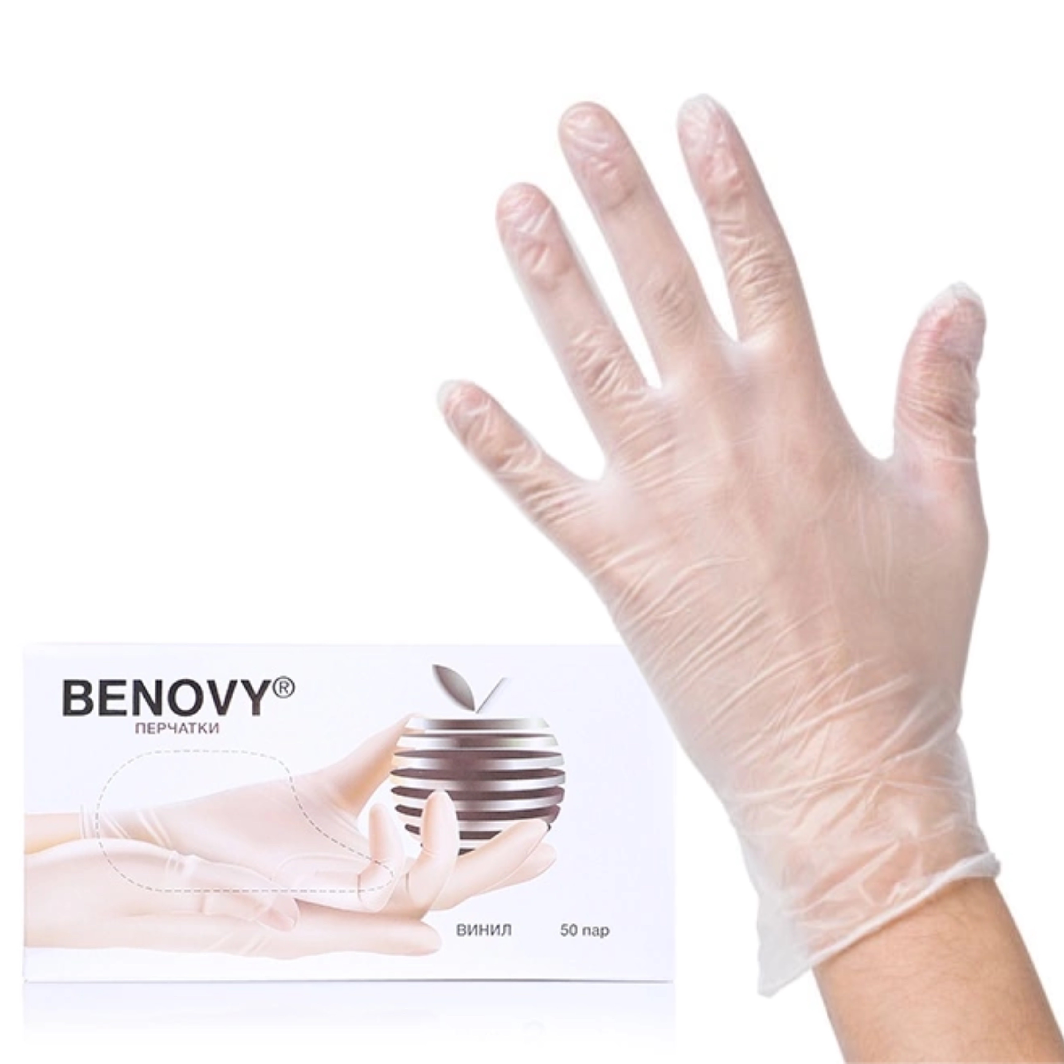 Перчатки медицинские BENOVY винил прозрачный р. M 100 шт.