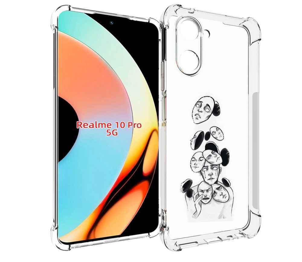 

Чехол бампер MyPads человек с разными масками для Realme 10 Pro ..., Прозрачный, Tocco