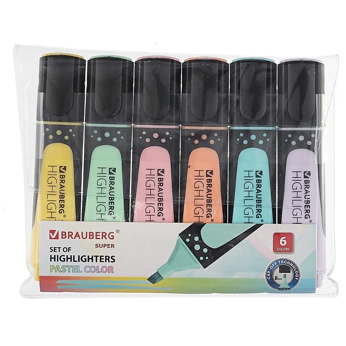 

Текстовыделители Brauberg Super Pastel, 1-5мм, 6 шт., Разноцветный