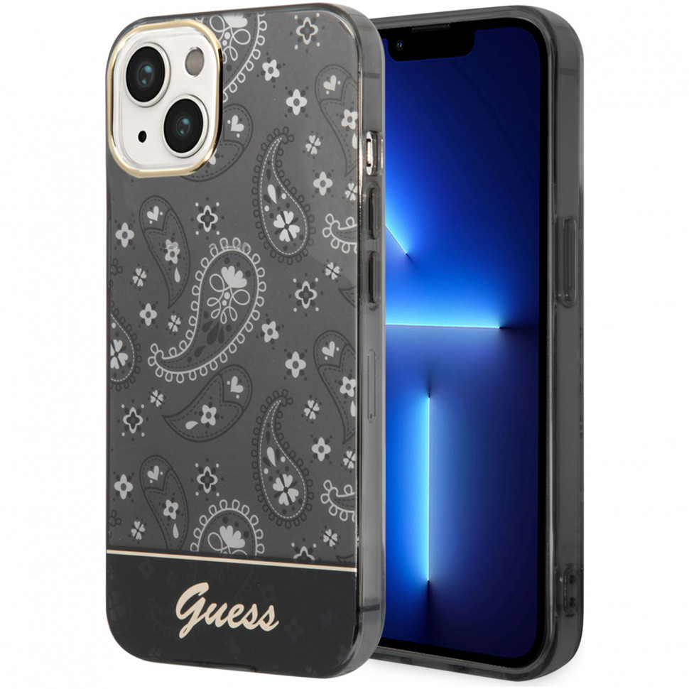 Чехол guess pc/tpu paisley w electoplated camera hard для iphone 14 plus, черный