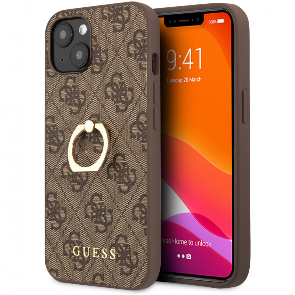 Чехол Guess pu 4g + ring hard для iphone 14 plus, коричневый (guhcp14m4gmrbr)