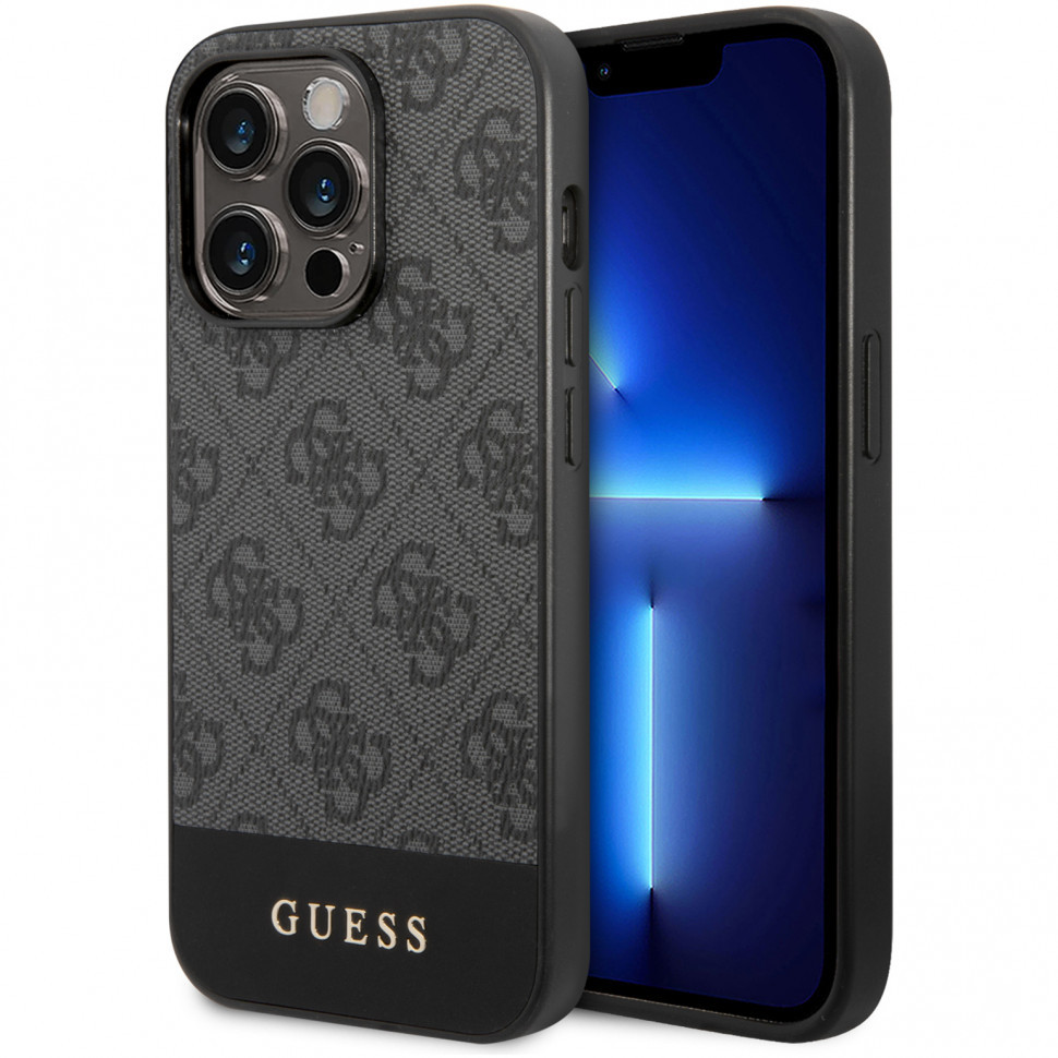 фото Чехол cg mobile guess pc/tpu 4g stripe w metal logo hard для iphone 14 pro, серый