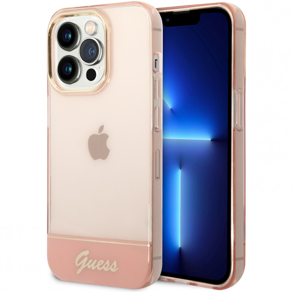 

Чехол Guess pc/tpu translucent w electoplated camera hard для iphone 14 pro, розовый, PC/TPU Translucent w Electoplated camera Hard