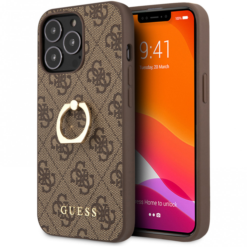 Чехол Guess pu 4g + ring hard для iphone 14 pro, коричневый (guhcp14l4gmrbr)