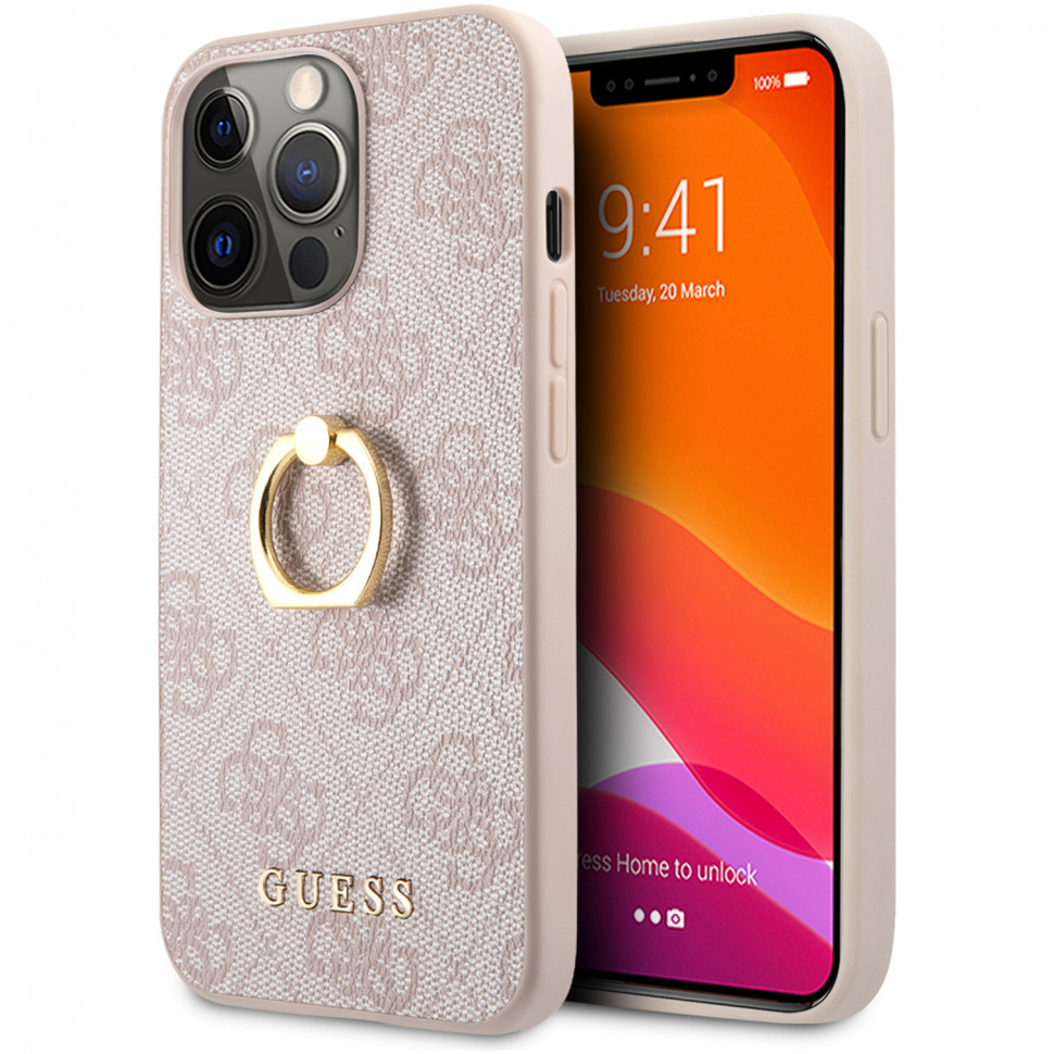 фото Чехол cg mobile guess pu 4g + ring hard для iphone 14 pro, розовый (guhcp14l4gmrpi)